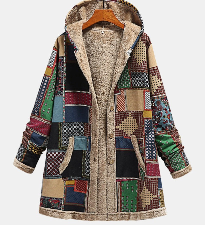 Judyta earth-tone patchwork printed hooded coat, front view