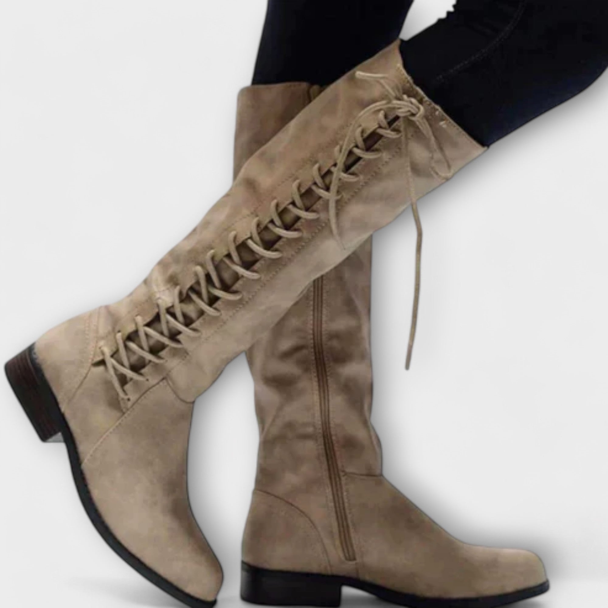 Agnes Lace-Up Knee-High Boots in Brown, side view