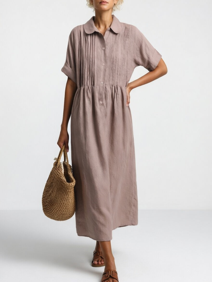 Long cotton shirt dress with button front and collar