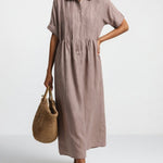 Long cotton shirt dress with button front and collar