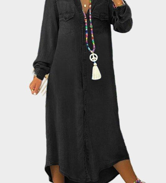 Woman wearing a long button-through denim dress