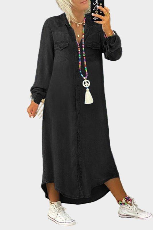 Woman wearing a long button-through denim dress