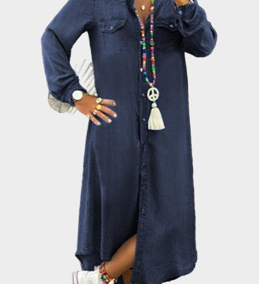 Woman wearing a long button-through denim dress