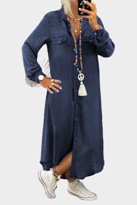 Woman wearing a long button-through denim dress