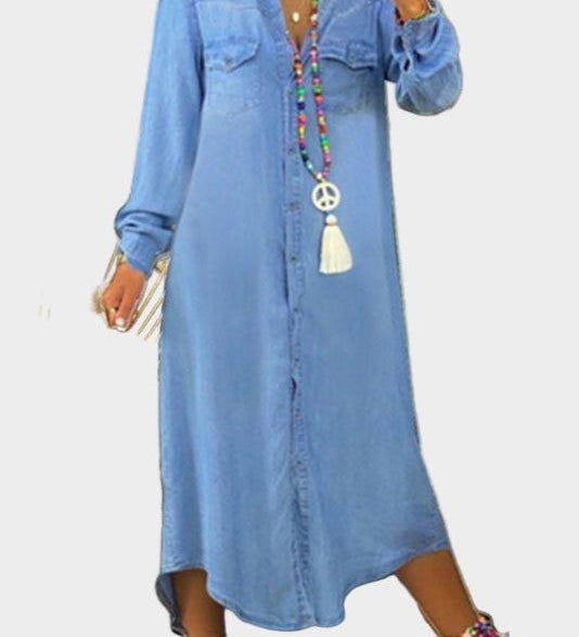 Woman wearing a long button-through denim dress