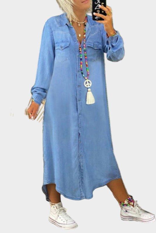 Woman wearing a long button-through denim dress