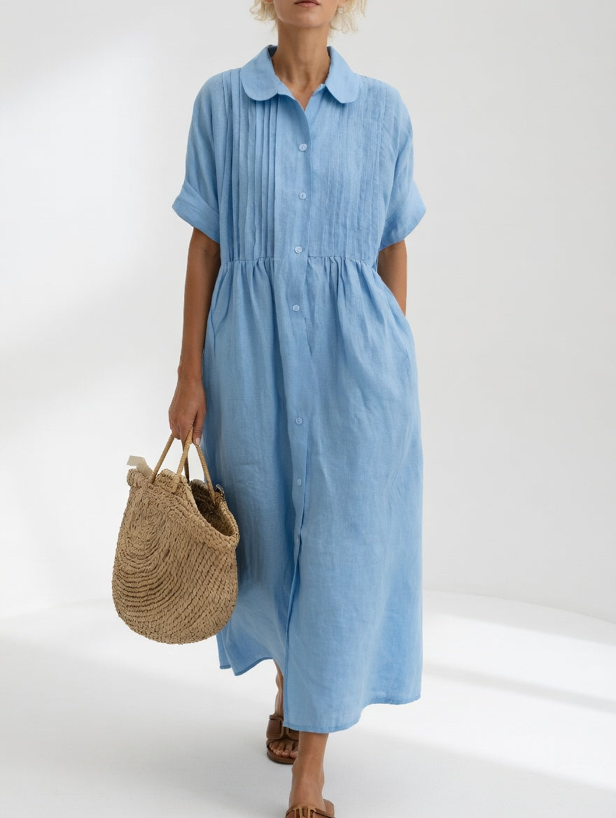 Long cotton shirt dress with button front and collar