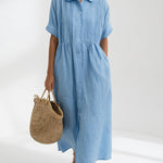 Long cotton shirt dress with button front and collar