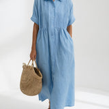 Long cotton shirt dress with button front and collar