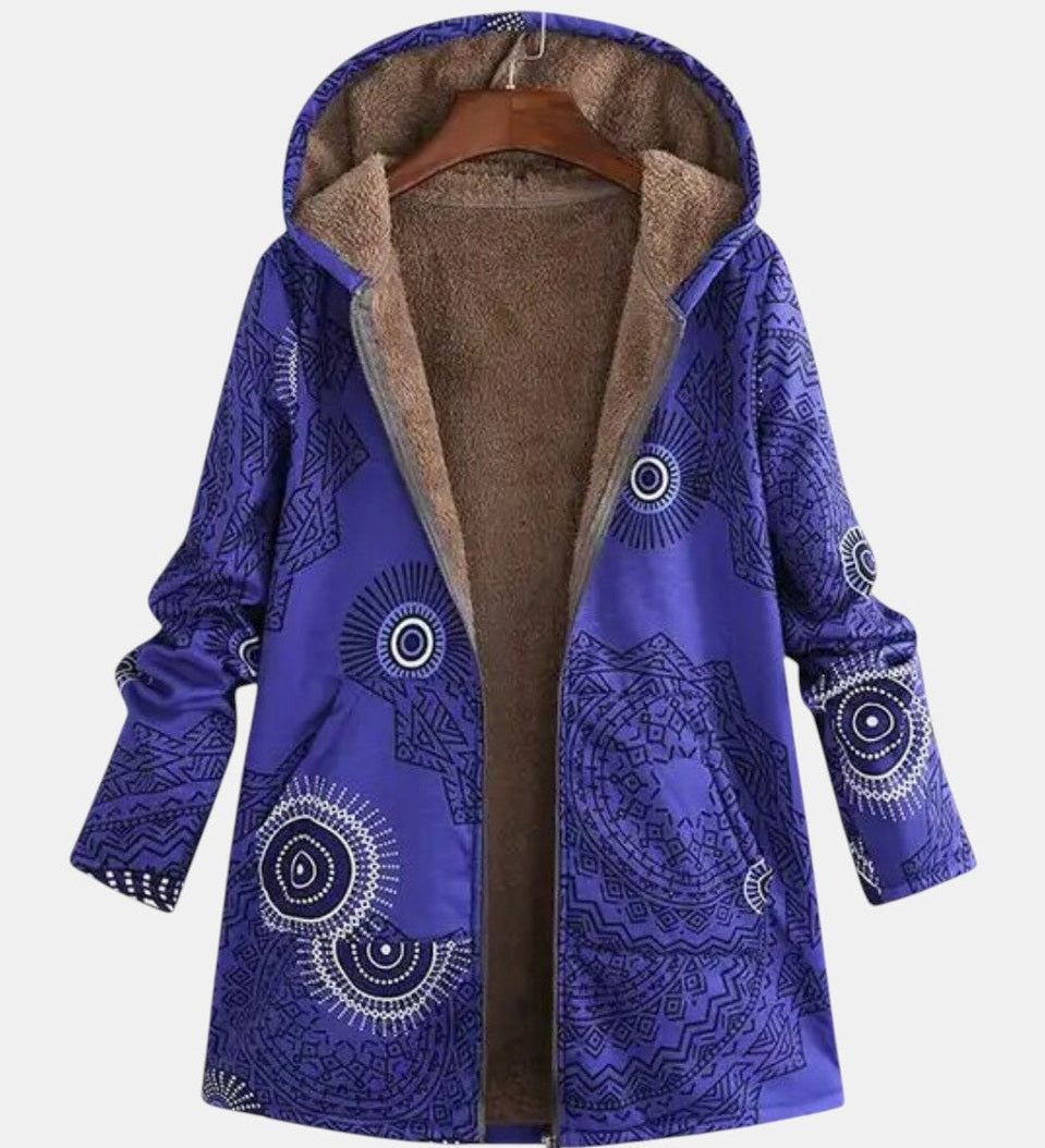 Filomena navy mandala print hooded coat with fleece-lined hood, front view on hanger