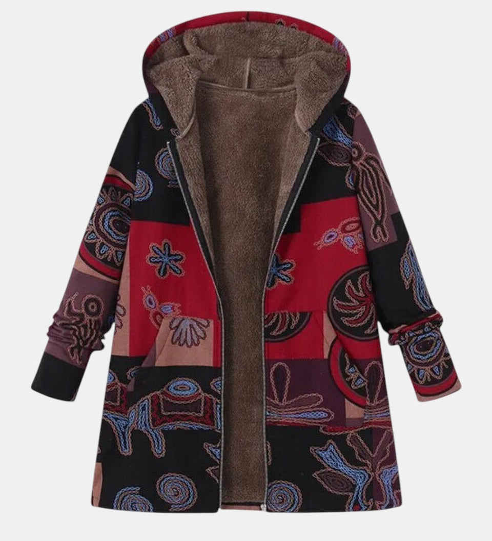 Benedykta boho patchwork printed hooded coat in multicolour