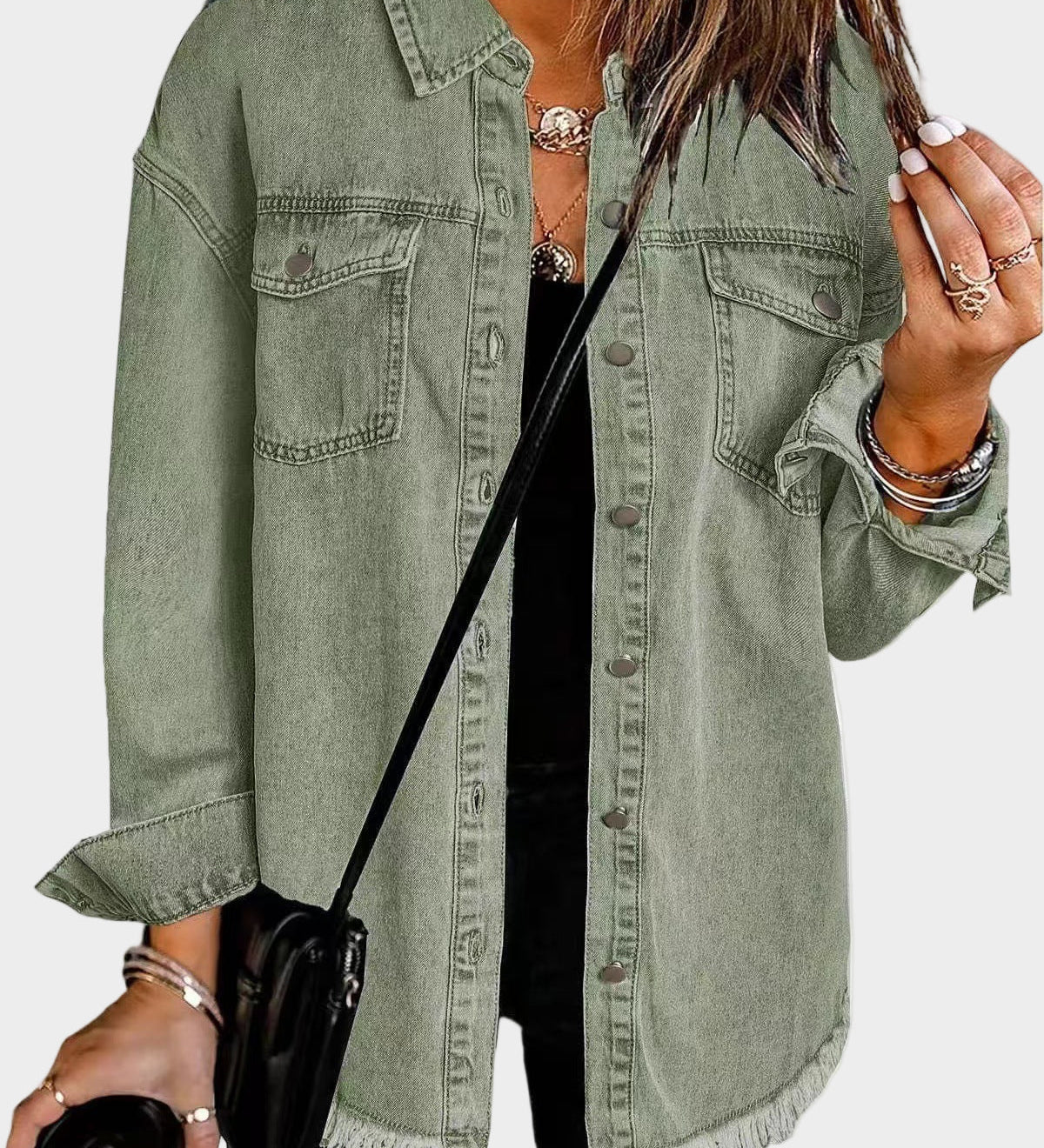 Classic denim jacket with button front and fringed hem