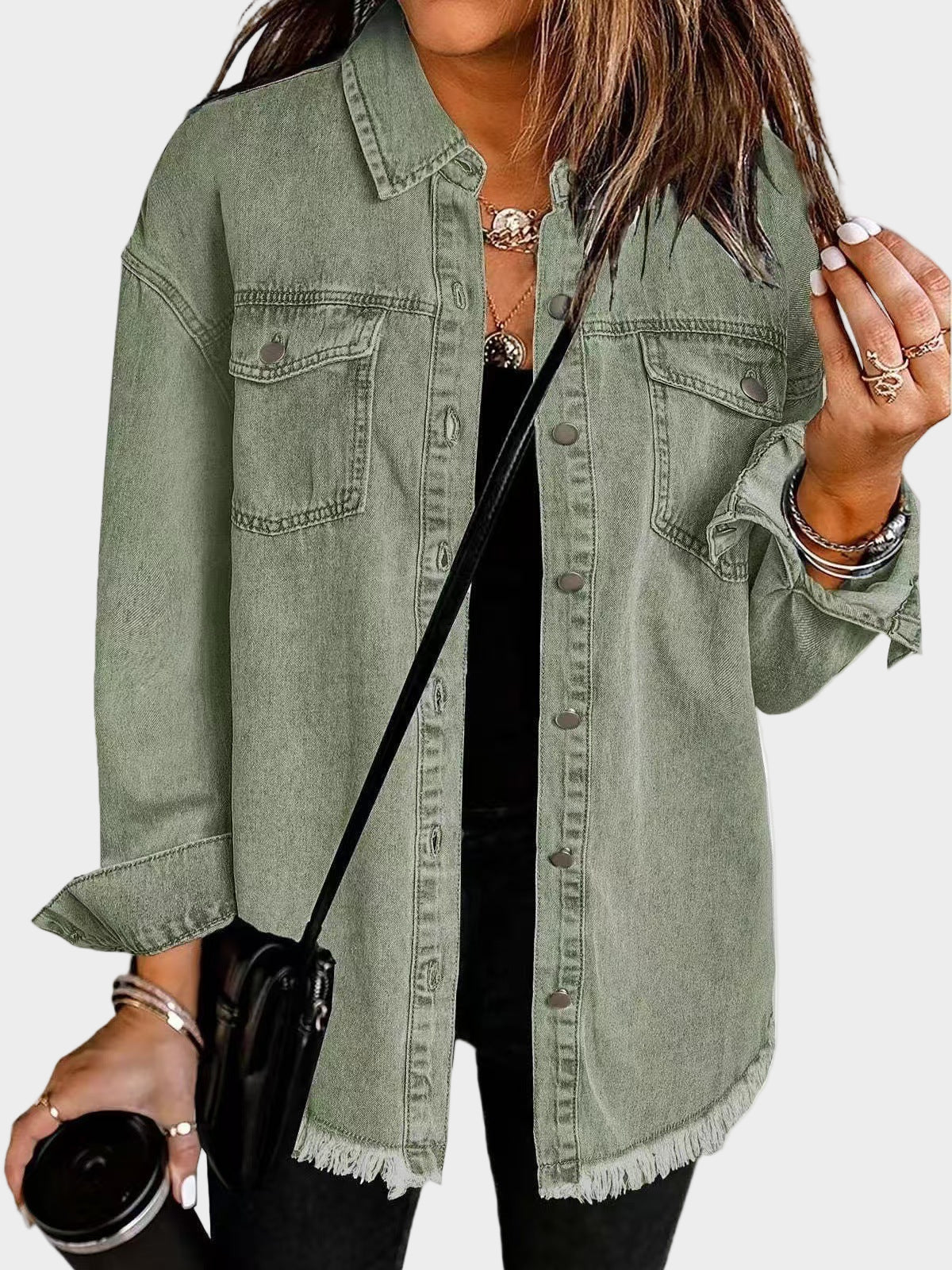 Classic denim jacket with button front and fringed hem