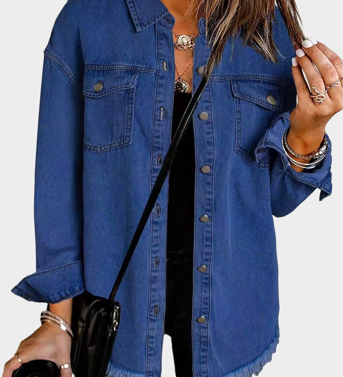 Classic denim jacket with button front and fringed hem