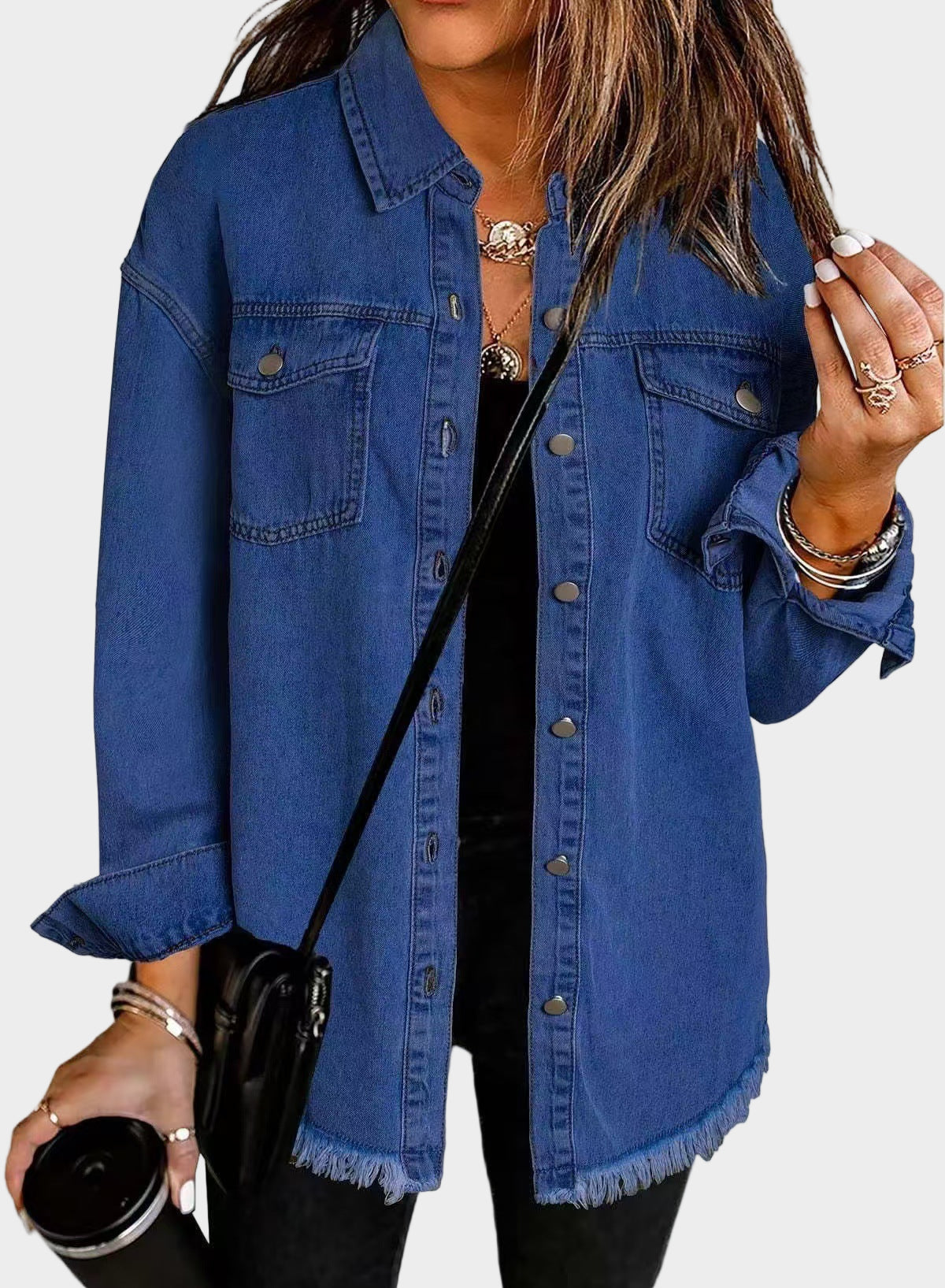 Classic denim jacket with button front and fringed hem