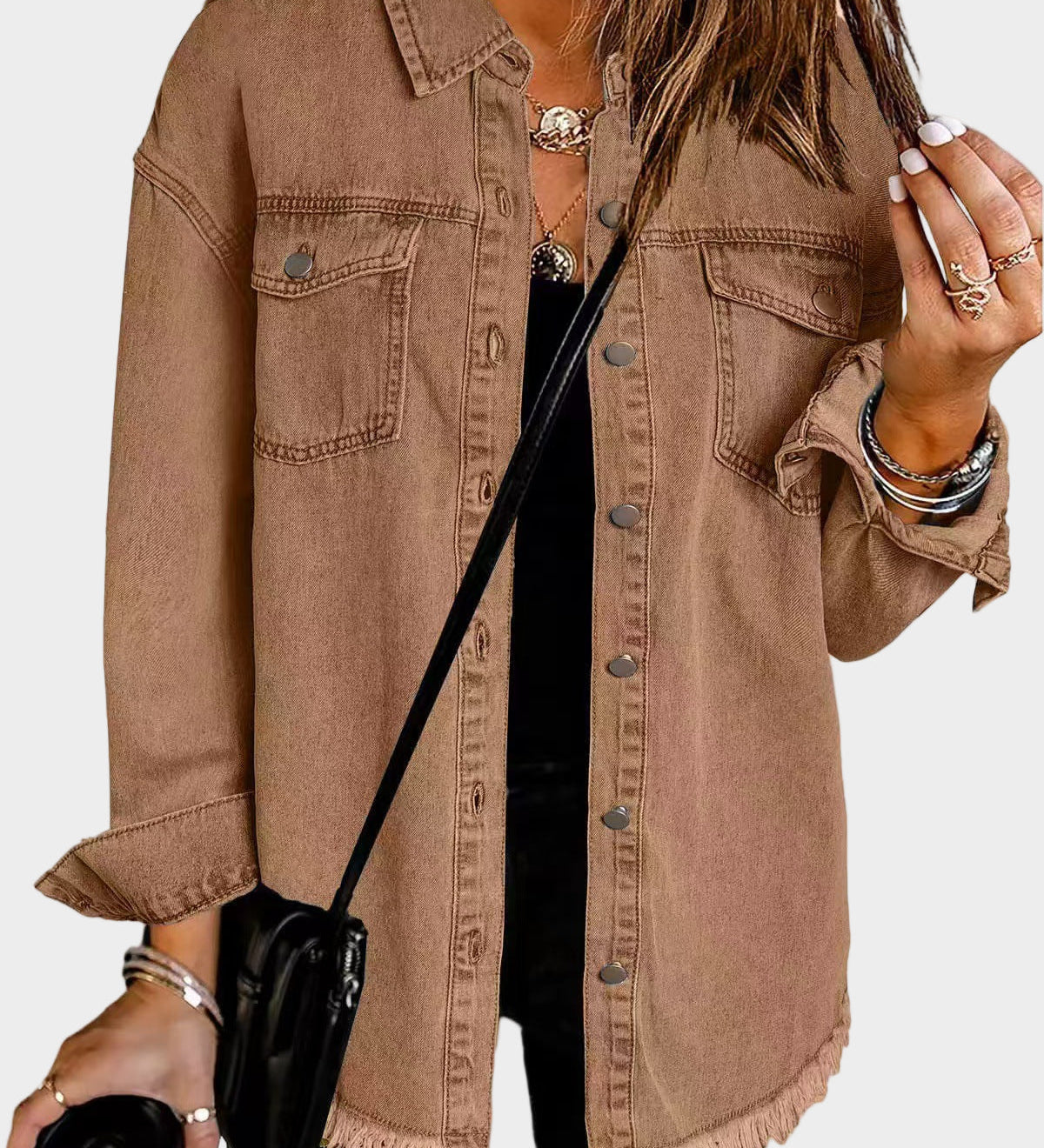 Classic denim jacket with button front and fringed hem