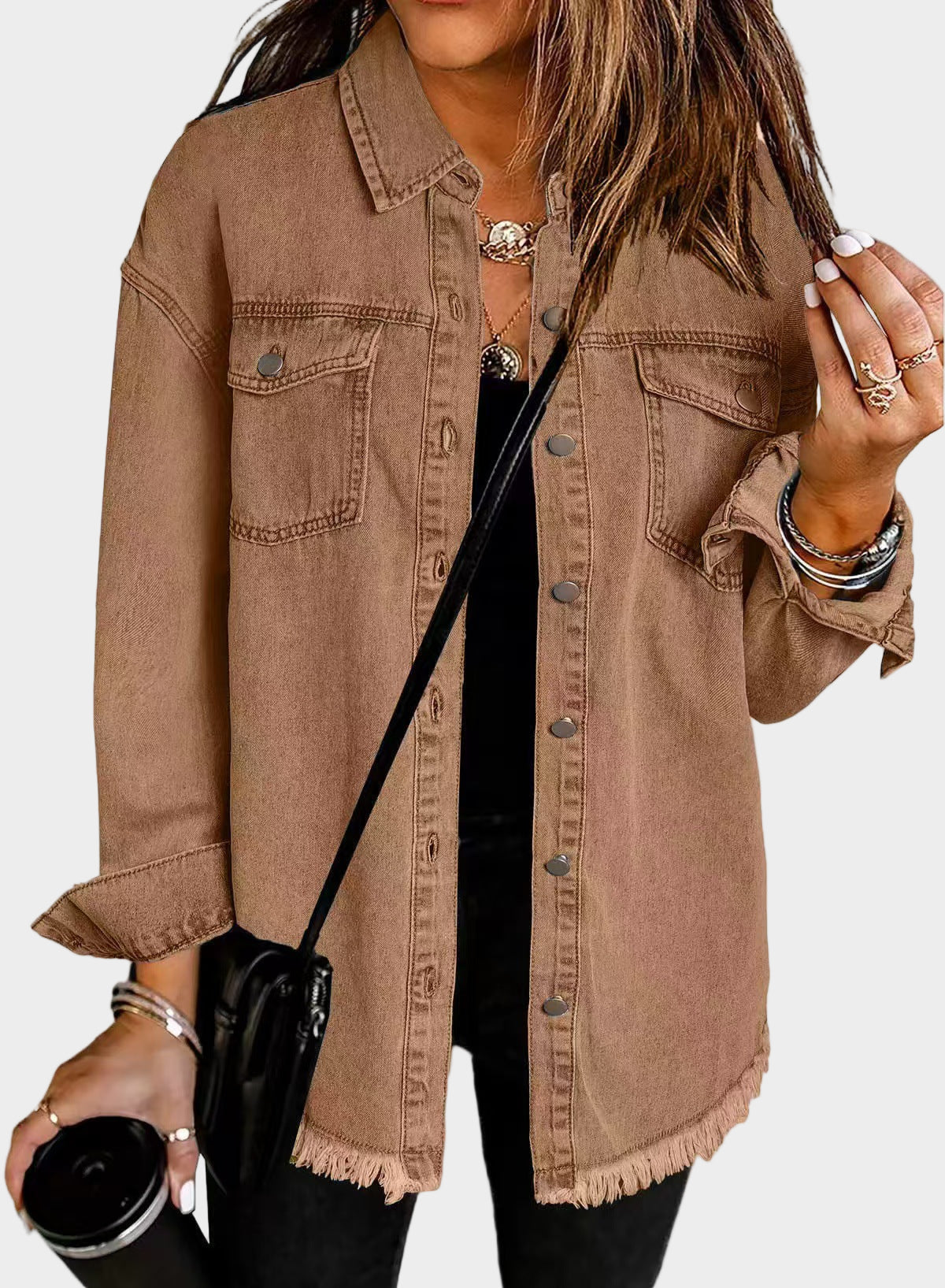 Classic denim jacket with button front and fringed hem