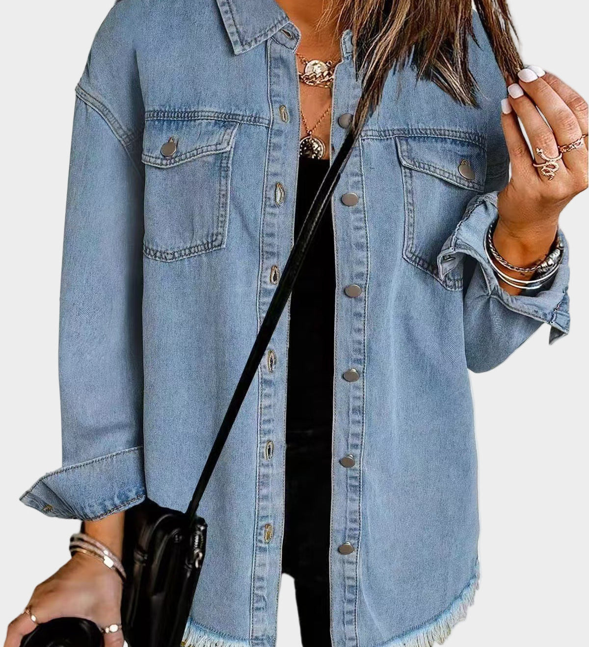 Classic denim jacket with button front and fringed hem