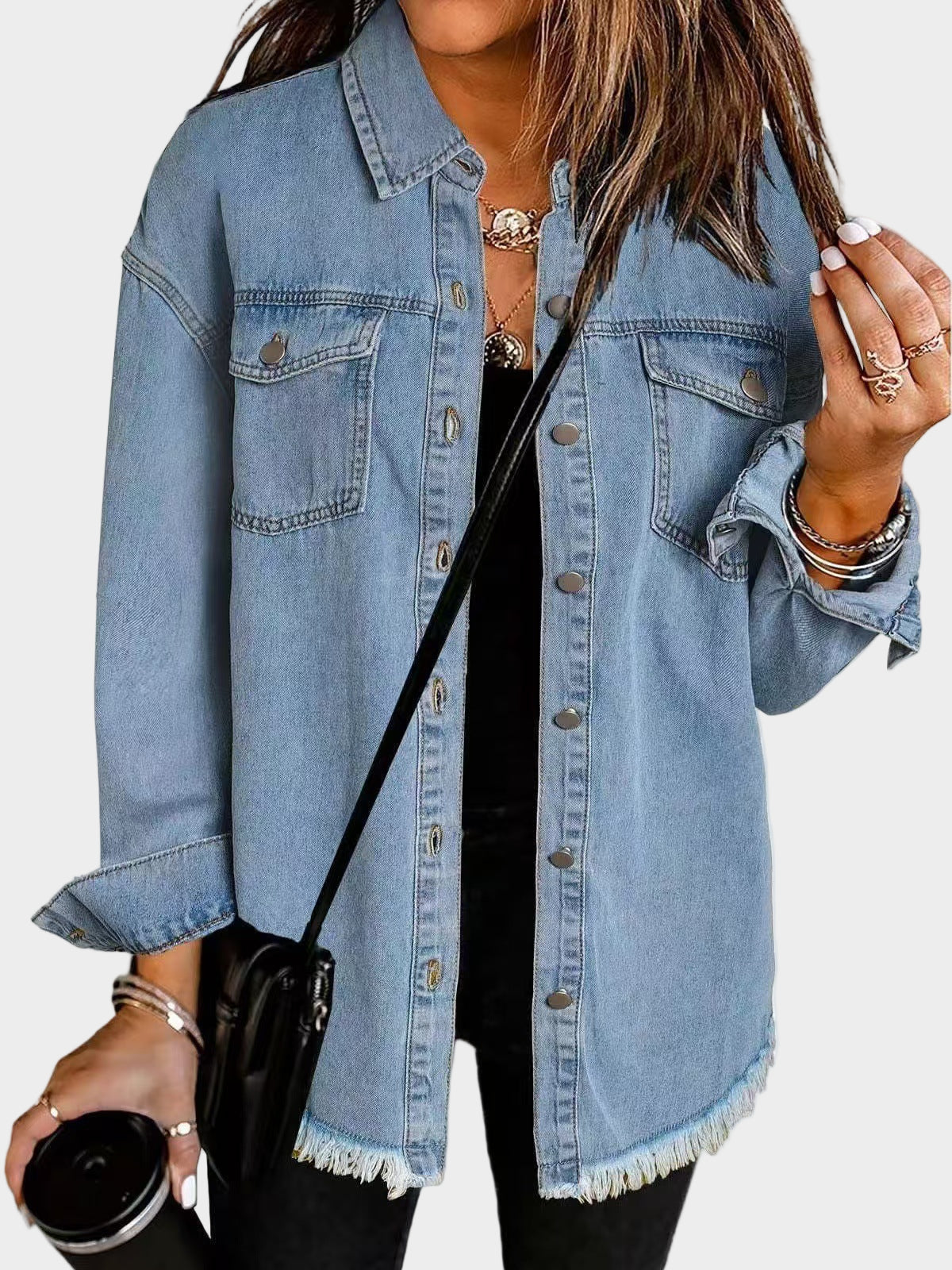 Classic denim jacket with button front and fringed hem