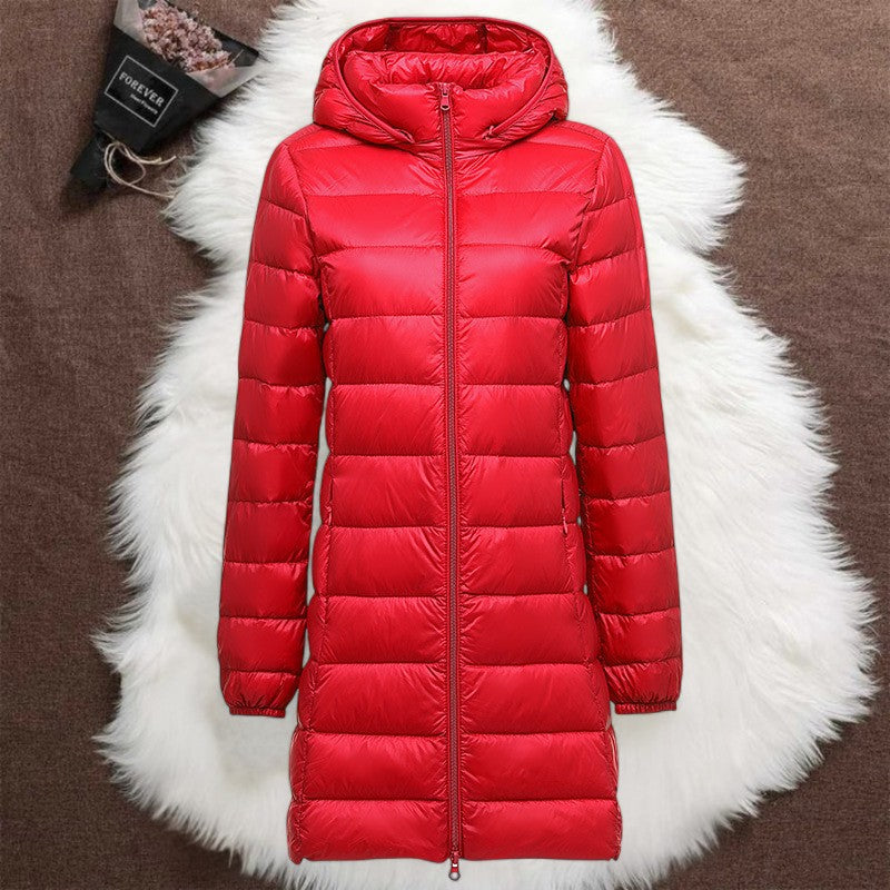 Woman wearing a red long padded jacket