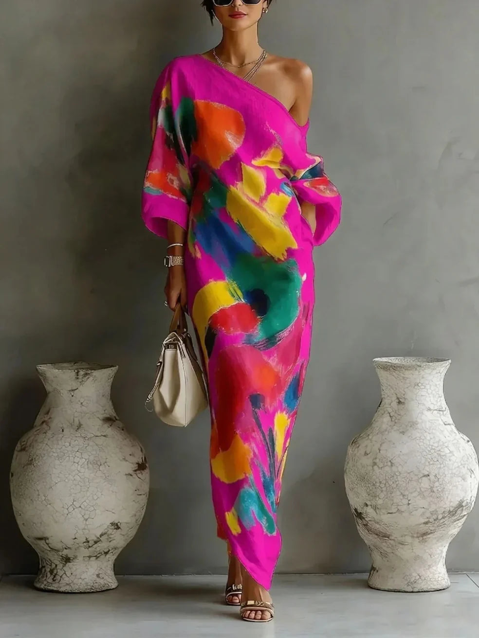 One-shoulder abstract print maxi dress