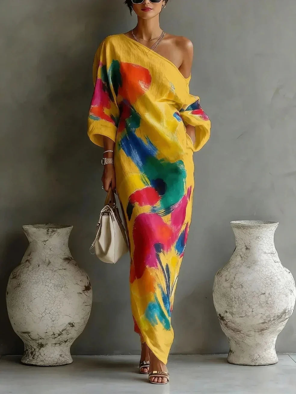 One-shoulder abstract print maxi dress