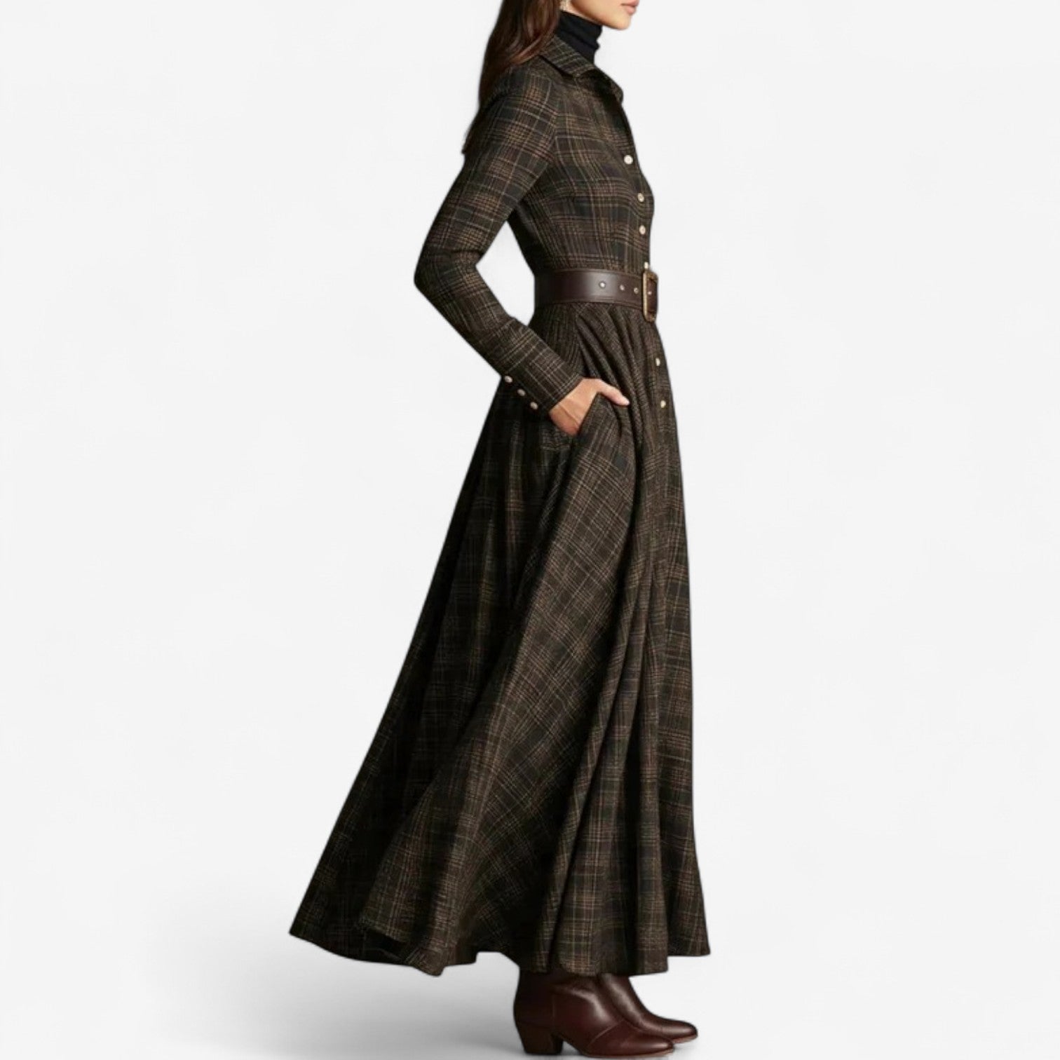 Woman wearing a belted vintage plaid maxi dress