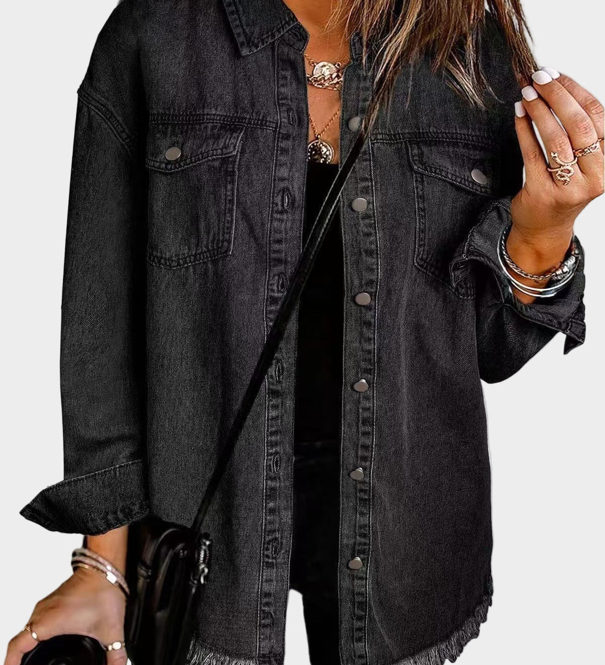 Classic denim jacket with button front and fringed hem