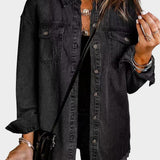 Classic denim jacket with button front and fringed hem