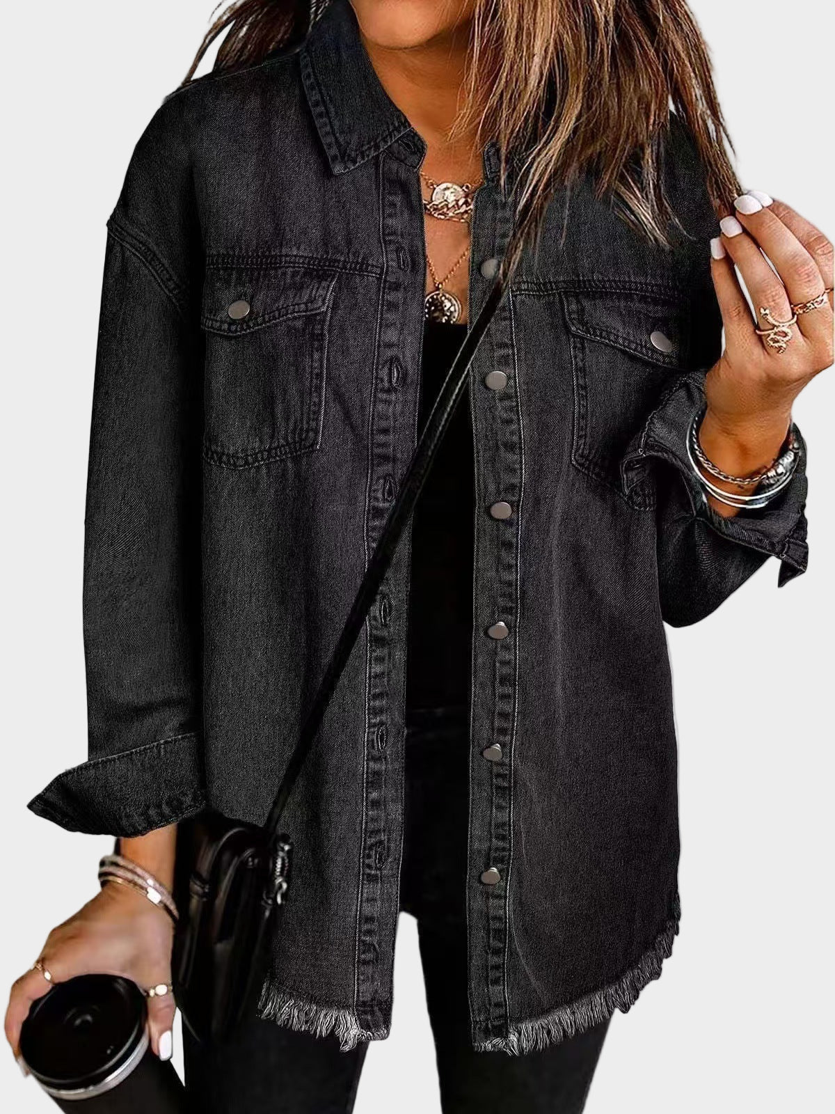 Classic denim jacket with button front and fringed hem