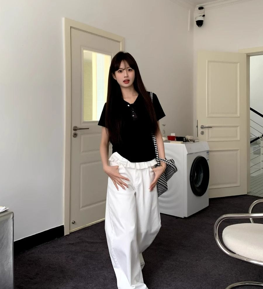 Ruffle-Waist Wide-Leg Jeans by Eleanor Vale
