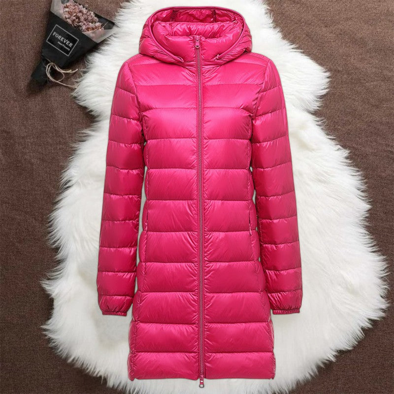 Pink long padded jacket with a removable hood