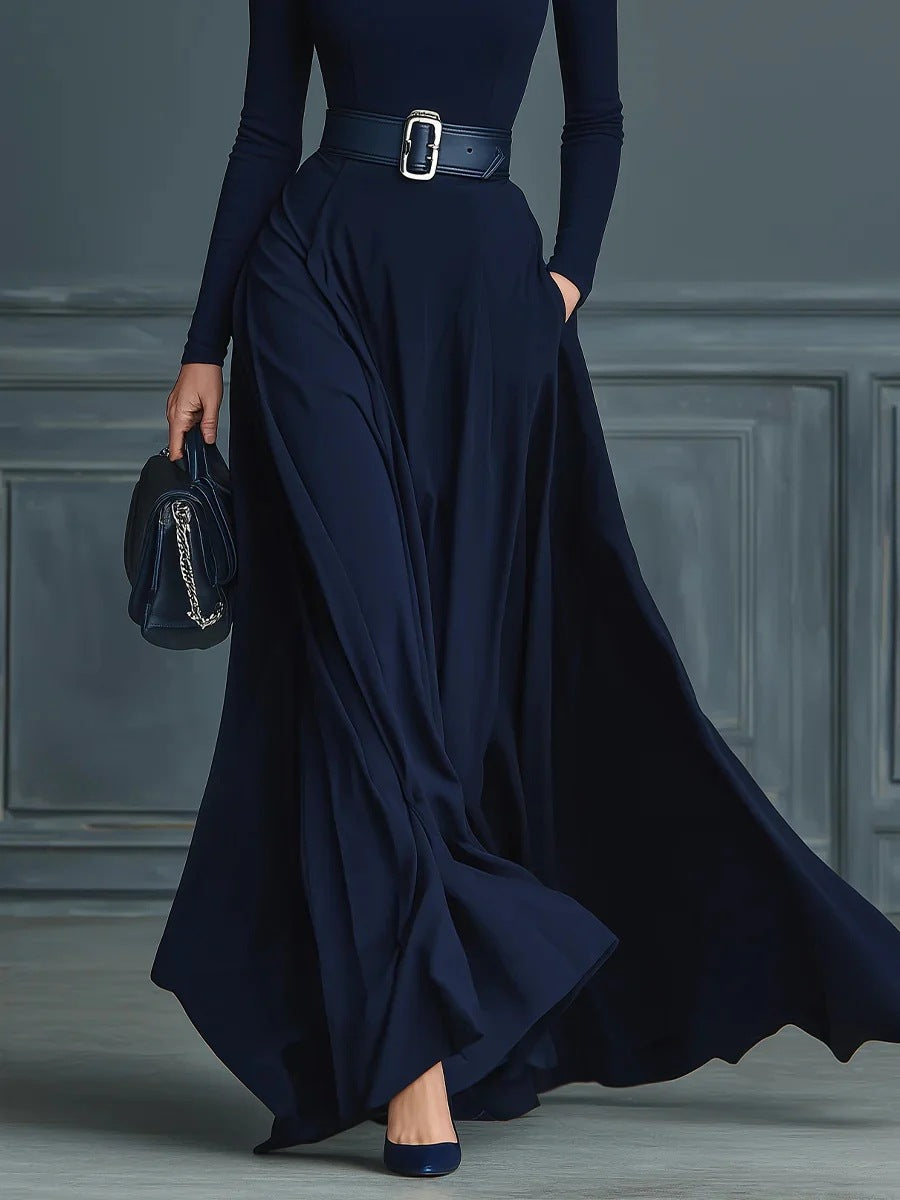 Woman wearing a high-neck A-line maxi dress