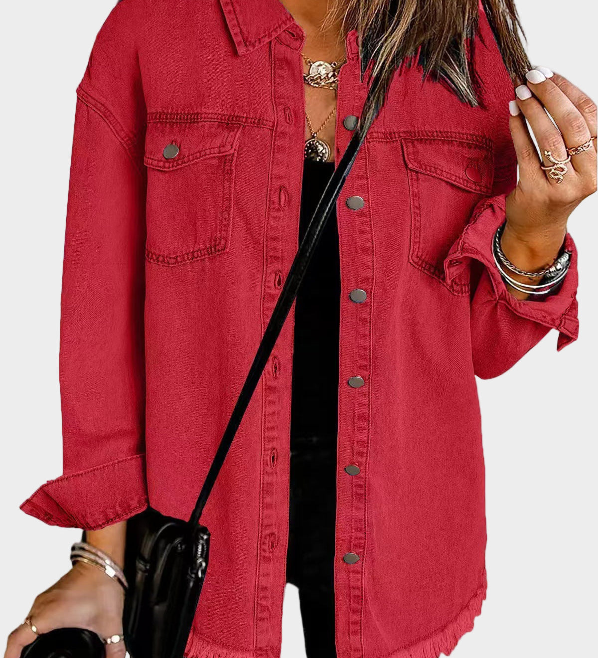 Classic denim jacket with button front and fringed hem