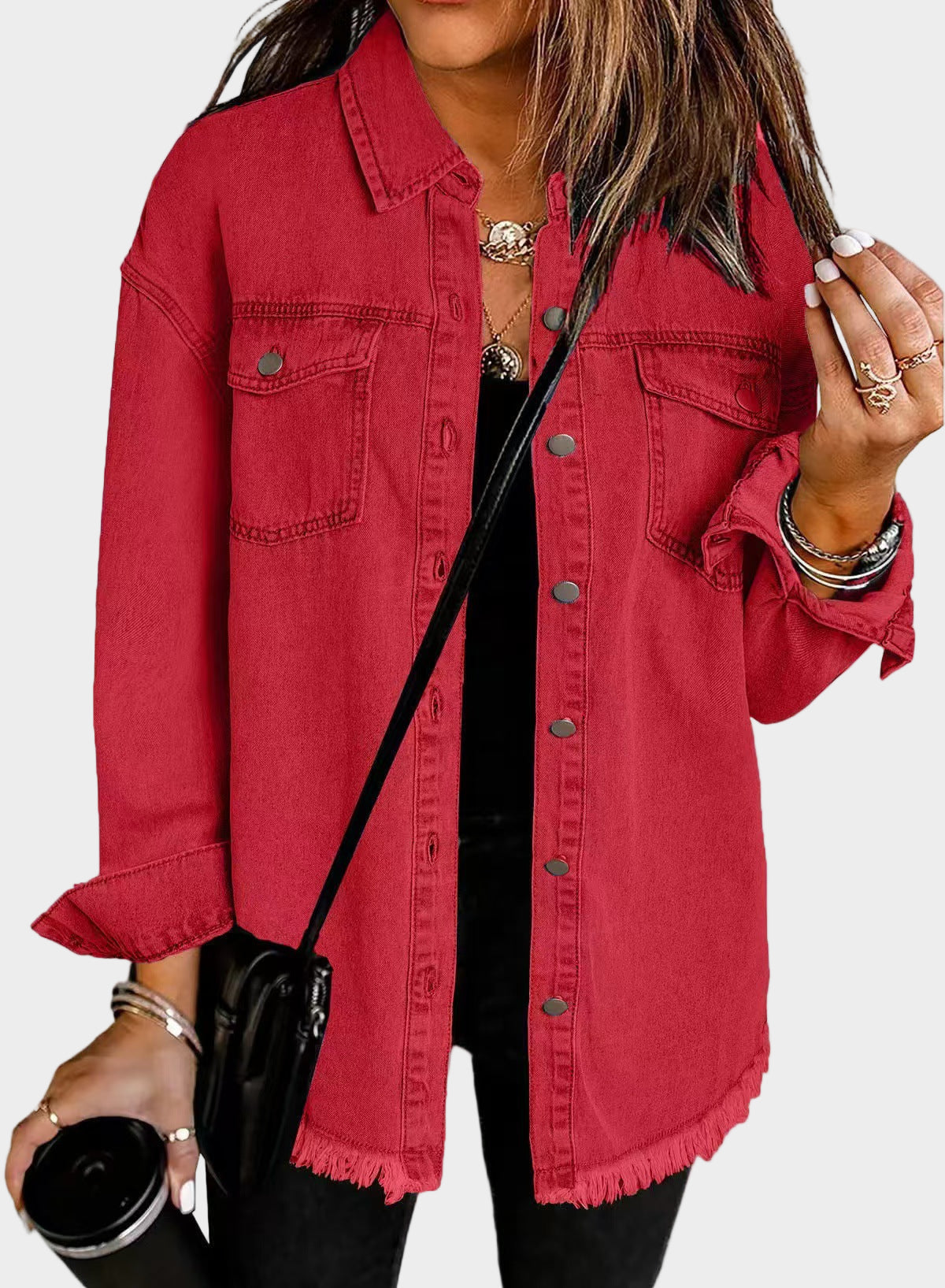 Classic denim jacket with button front and fringed hem