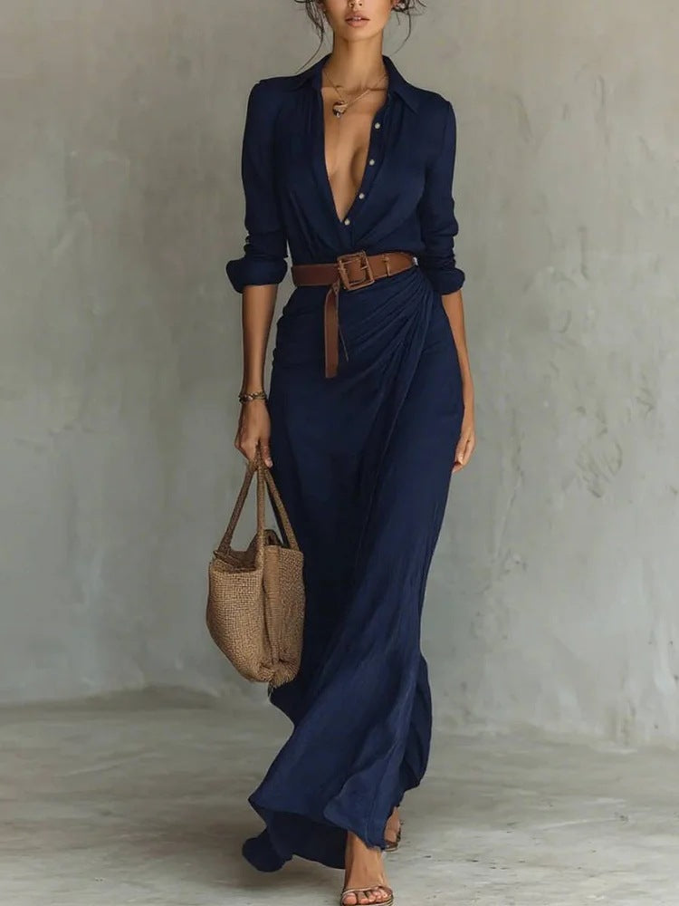 Woman wearing a wrap-style maxi dress with belt