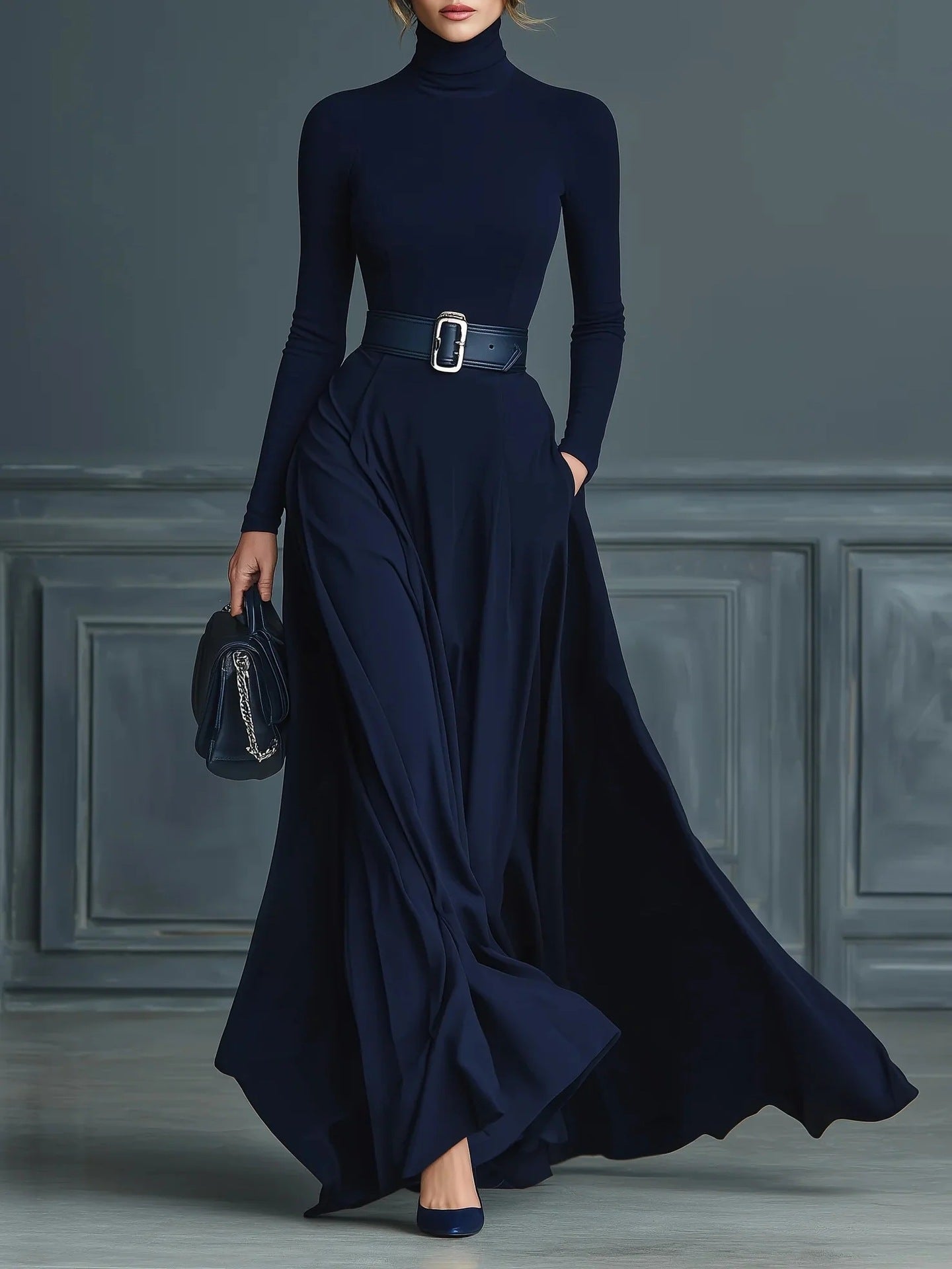 Woman wearing a high-neck A-line maxi dress