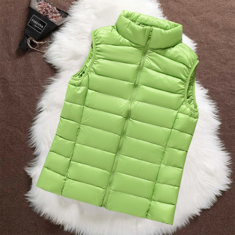 Woman wearing a green padded gilet