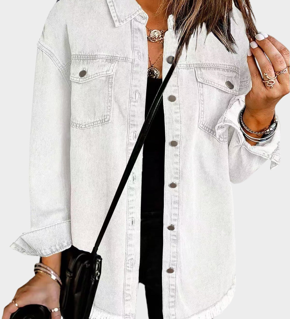 Classic denim jacket with button front and fringed hem