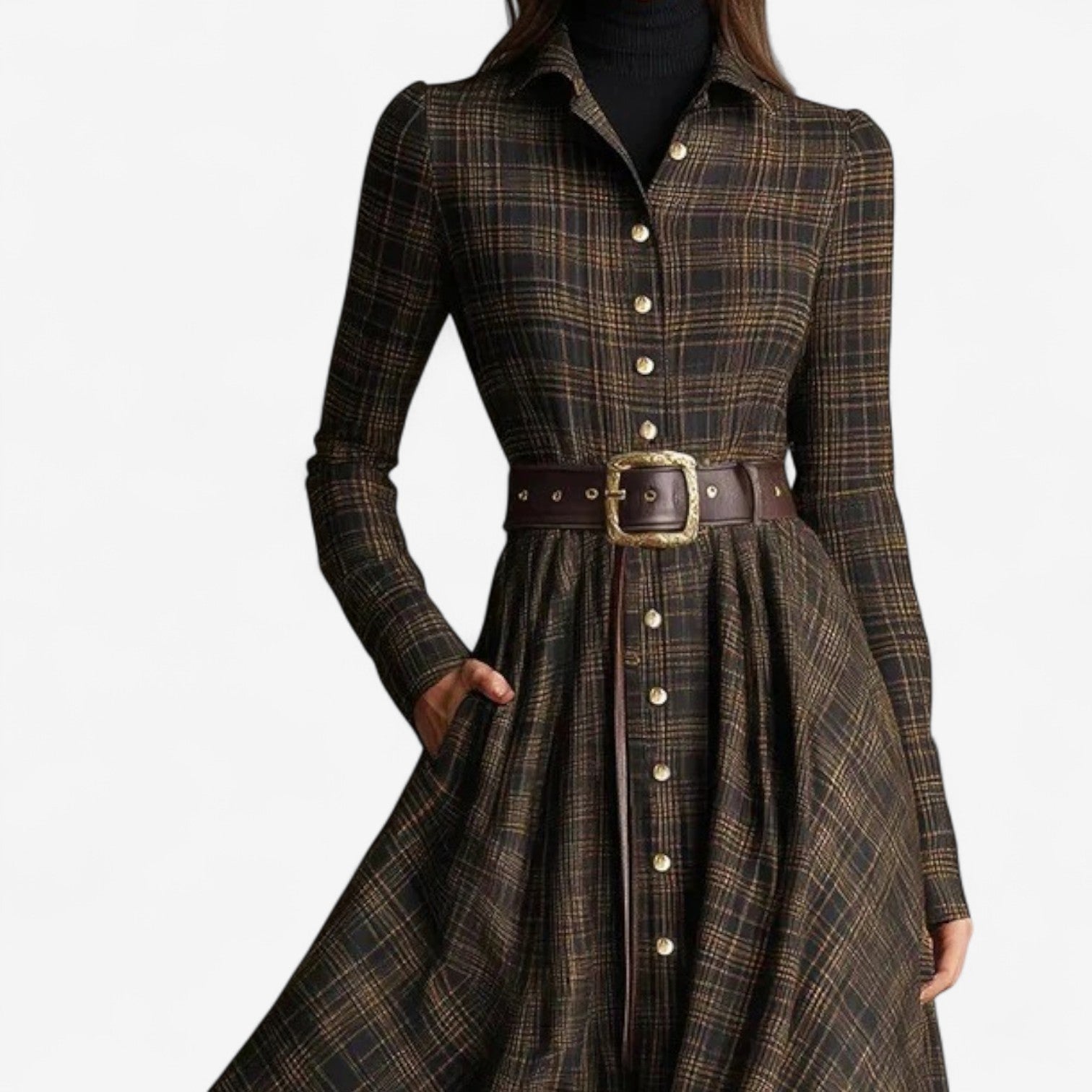 Woman wearing a belted vintage plaid maxi dress
