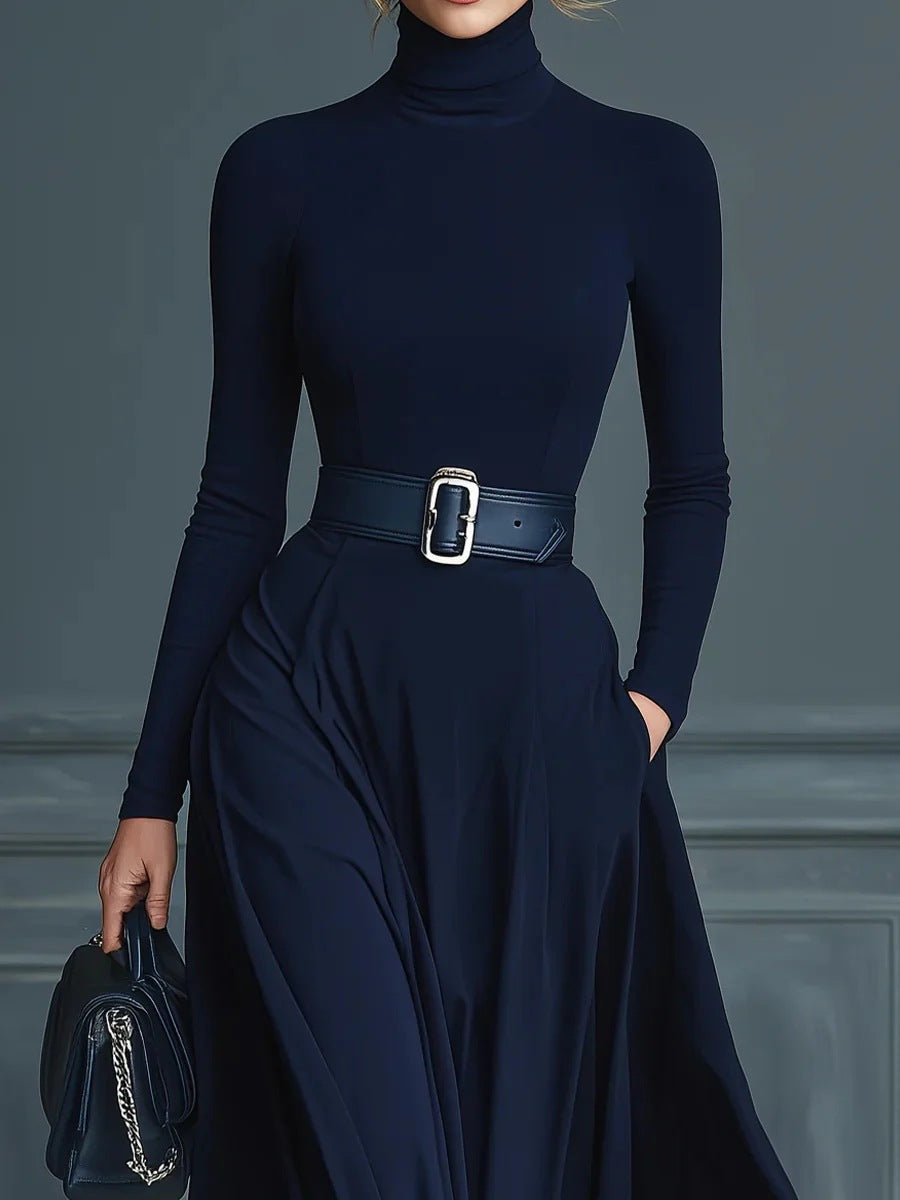Woman wearing a high-neck A-line maxi dress