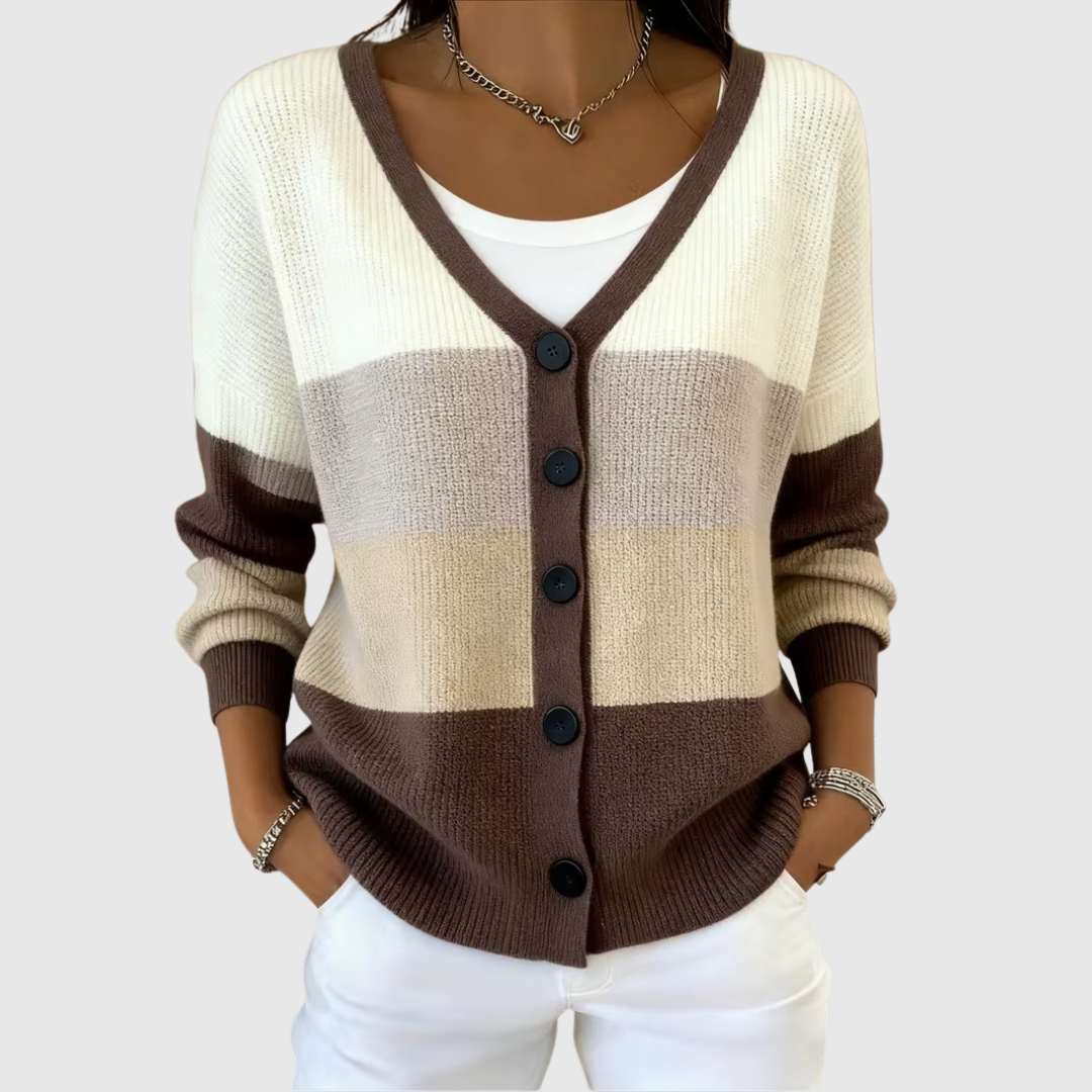 Bianka ribbed button-front cardigan in cream, taupe and brown colour-block knit