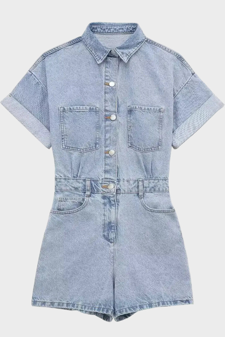 Pair of denim shorts with front button placket