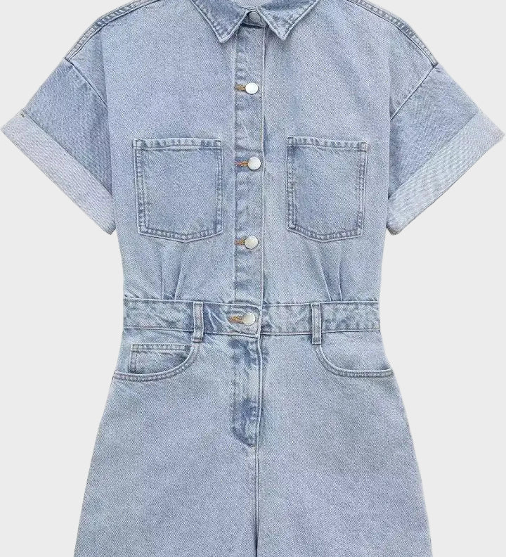 Pair of denim shorts with front button placket