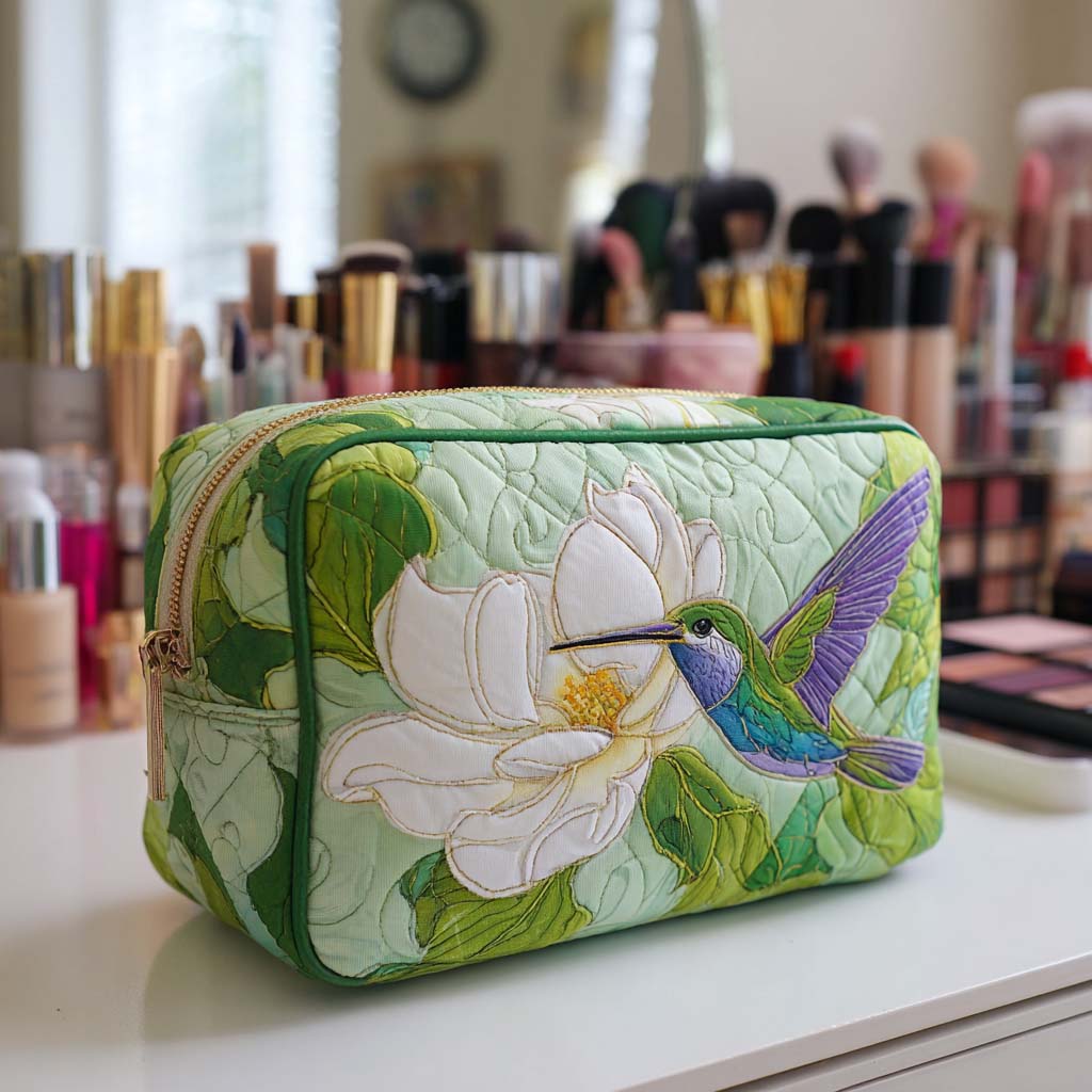 Petal Whisper Quilted Makeup Bag with hummingbird and magnolia print