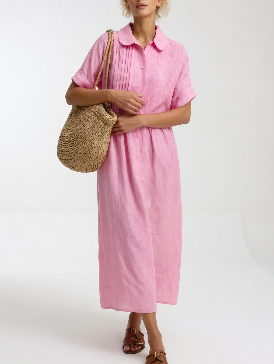 Long cotton shirt dress with button front and collar