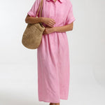Long cotton shirt dress with button front and collar