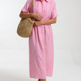 Long cotton shirt dress with button front and collar