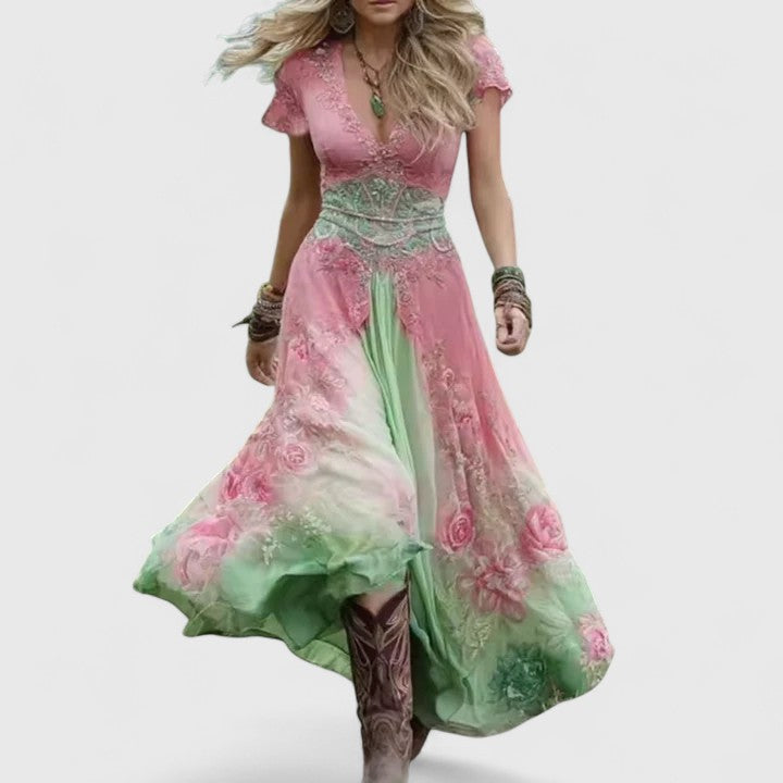 Woman wearing a floral embroidered maxi dress