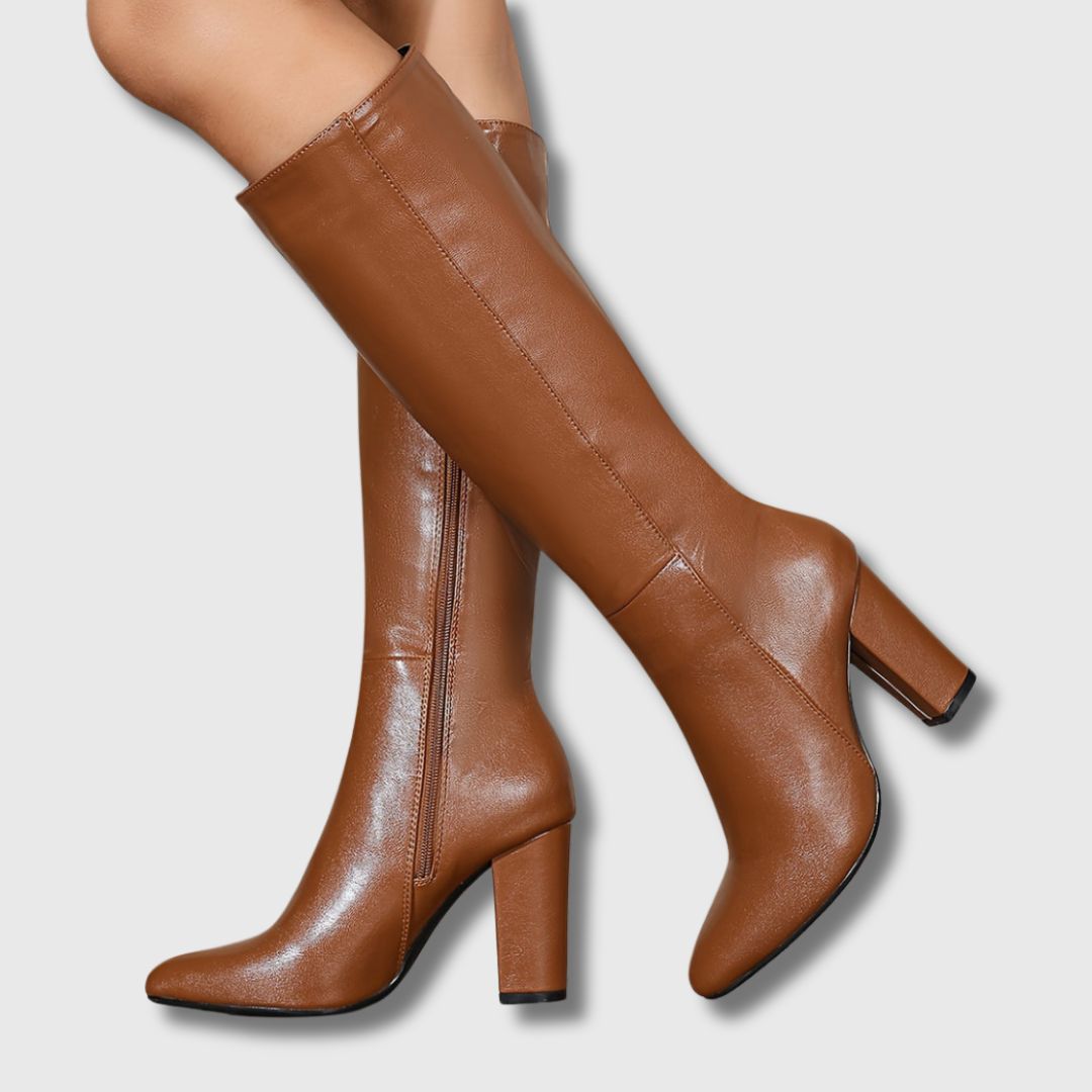 Audrey bronze knee-high block-heel boots - side view on model